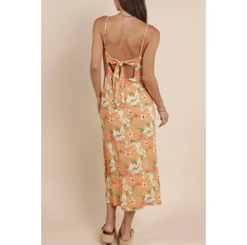 Floral Strappy Low Cut Tie Back Midi Slip Dress Bold Orange Beach Garden Size L